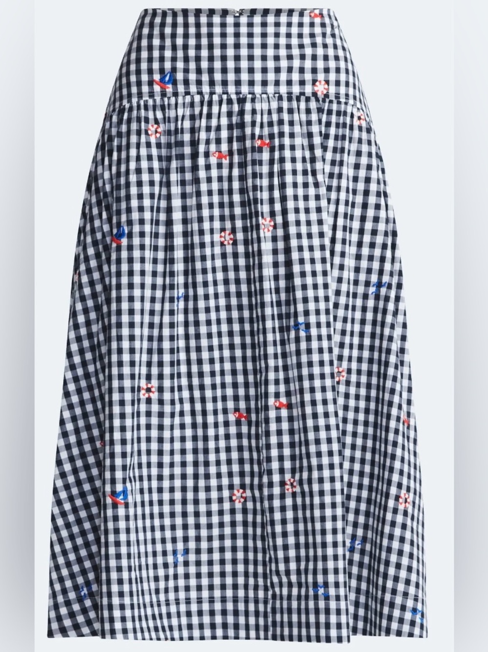 Free Assembly Gingham Nautical Embroidered Full Midi Skirt Navy White Size 8 NWT